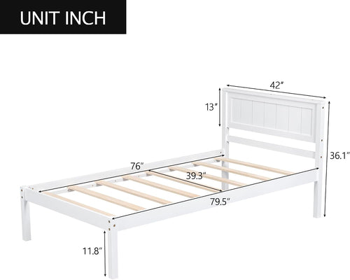 12 Inch Deluxe Twin Size Bed Frame with Headboard, Mid Century Retro Style White Wood Platform Beds Frames, No Box Spring Needed, 13 Strong Wooden Slat Support, Easy Assembly (White, Twin)