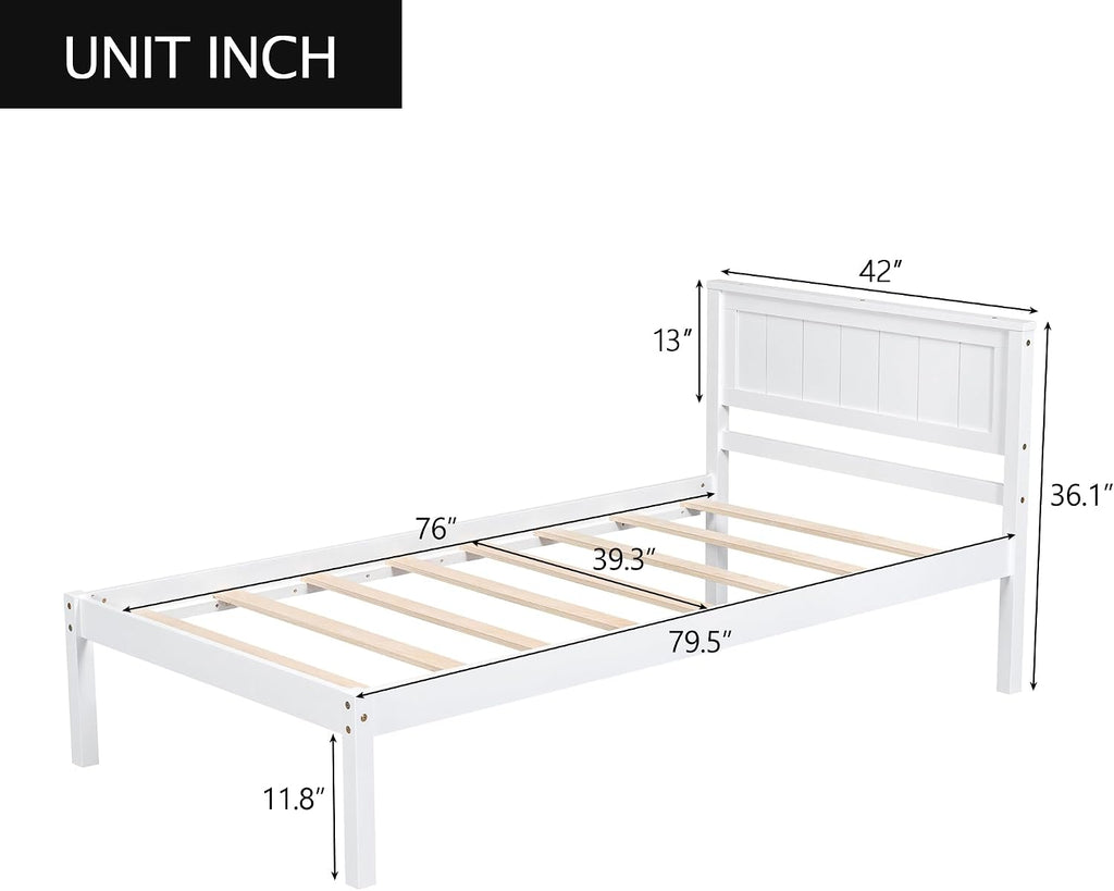 Wood Platform Bed, Bed Frame with Headboard, Wood Slat Support, No Box Spring Needed, Twin, White