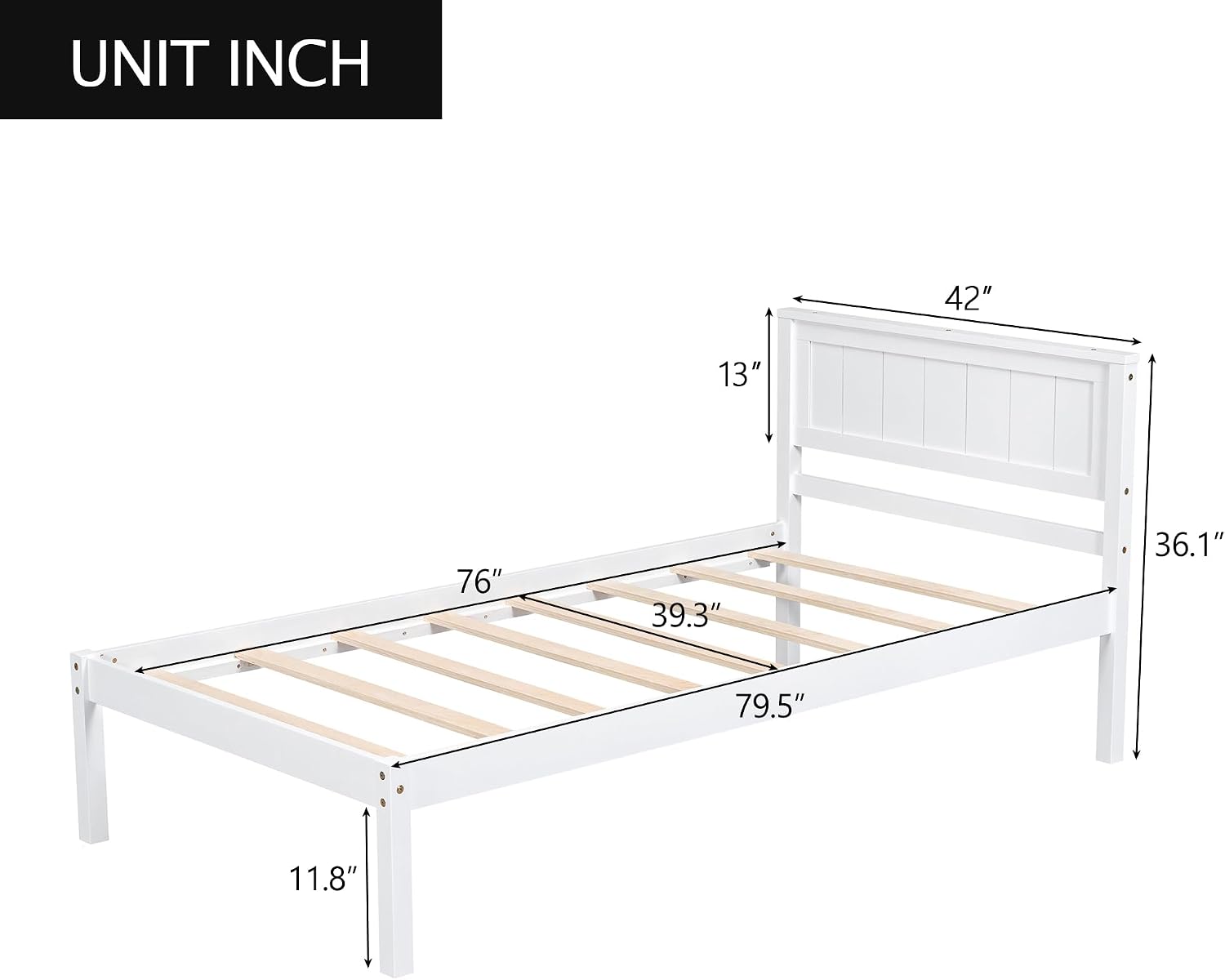 Wood Platform Bed, Bed Frame with Headboard, Wood Slat Support, No Box Spring Needed, Twin, White