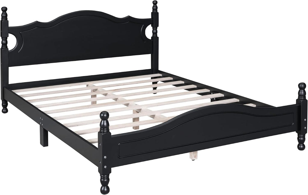 Solid Wood Bed Frame Queen Size, Wooden Retro Style Platform Bed Frame with Headboard and Footboard, Heavy Duty Bed Frame with 10 Wood Slats Support,No Box Spring Needed,Noiseless (Black, Queen)