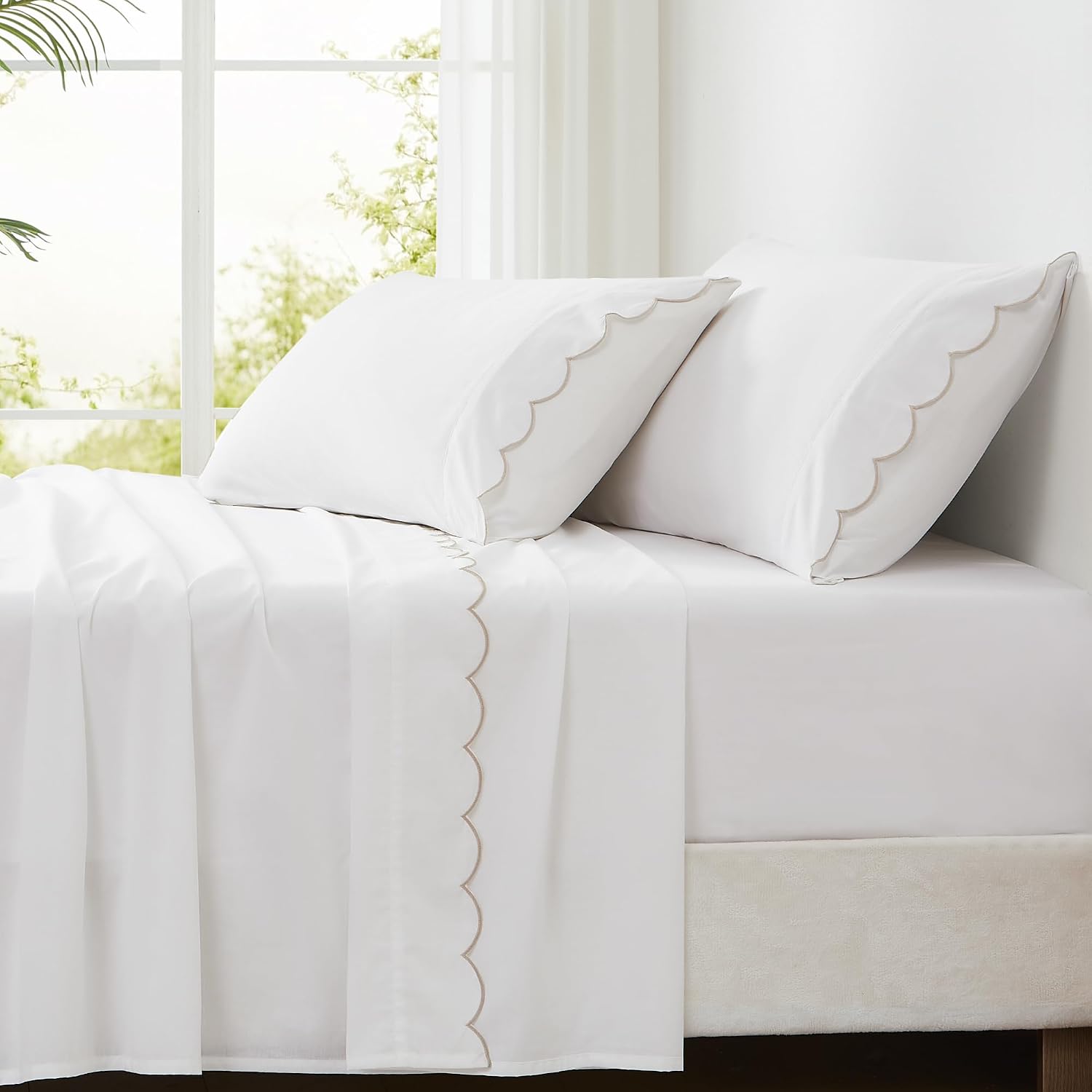 Lush Decor Coastal Chic Scalloped Edge Cotton Sheet Set 4 Piece Set Queen Neutral - White Sheets - Scallop Trim - Bed Sheets - Coastal Decor