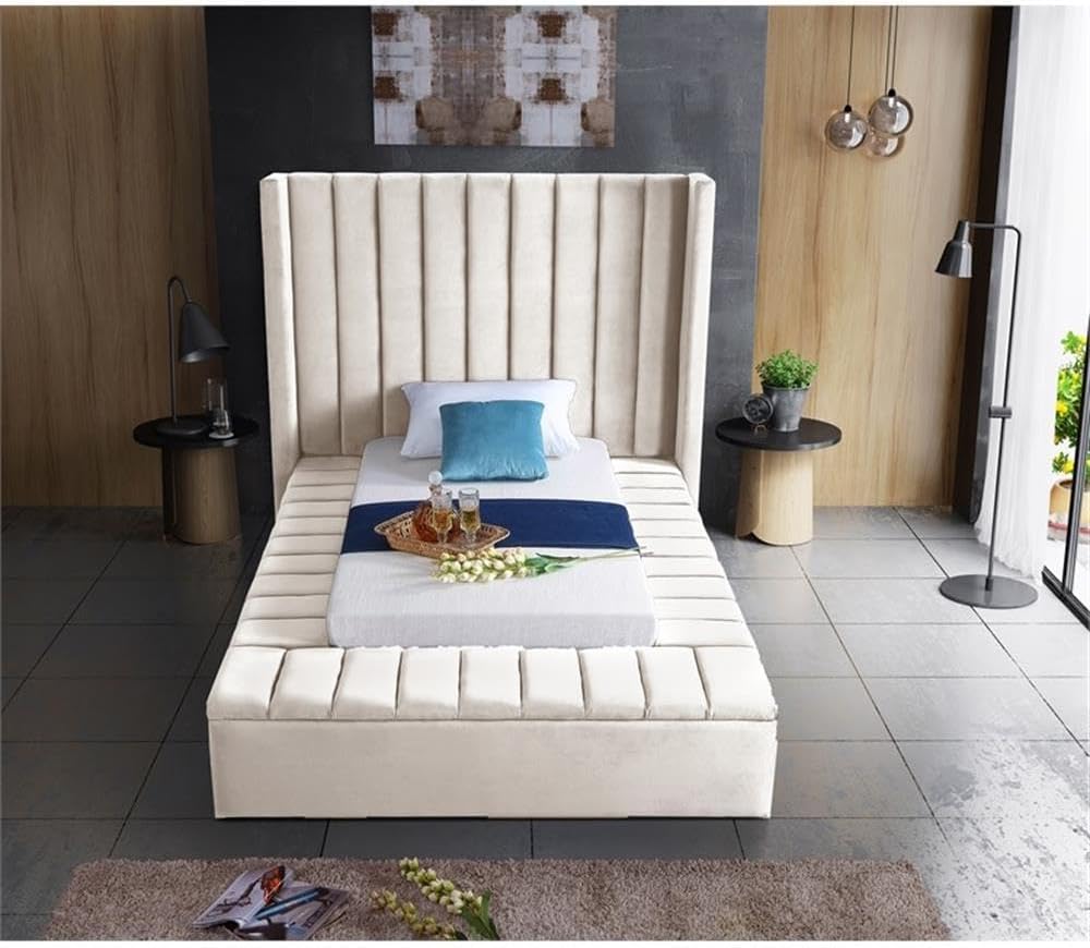 Meridian Furniture Kiki Collection Modern | Contemporary Velvet Upholsterd Bed with Channel Tufting, Siderails and Footboard Storage Compartments, Twin, Cream