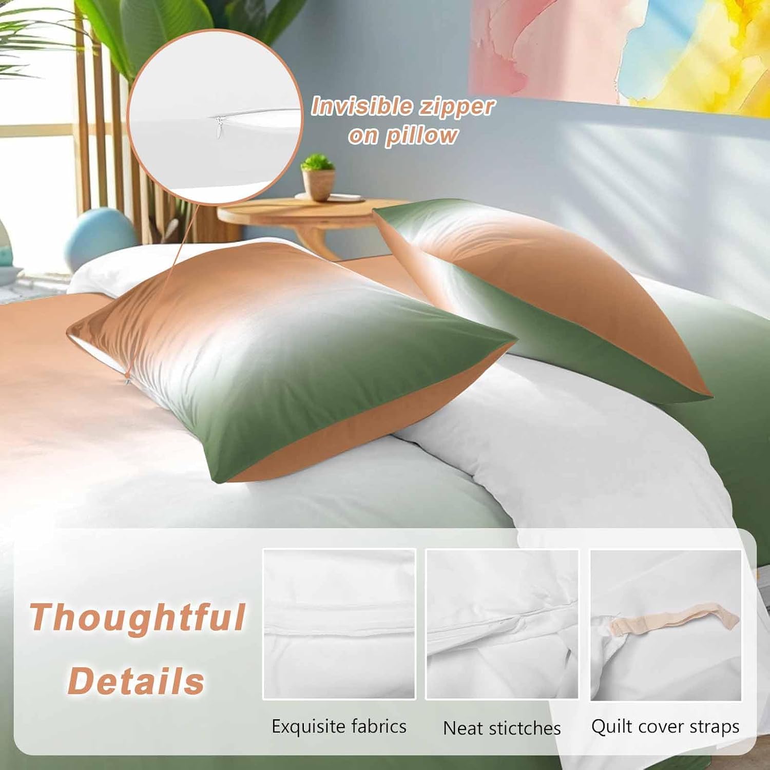Gradient Sage Green Duvet Cover Set Queen Size 4 Pieces Modern Minimalist Sage Green Orange Ocean Beach Bedding Set with Zipper Closure, 1 Comforter Cover 86x86 Inches 1 Flat Sheet & 2 Pillow Cases