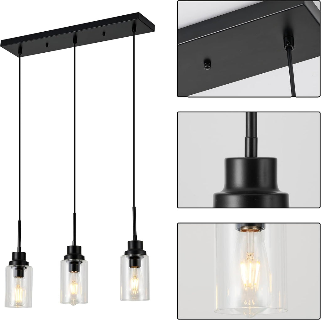 3-Lights Pendant Light Fixtures, Modern Black Kitchen Island Lighting with Clear Glass Shade, Adjustable Hanging Ceiling Lamp