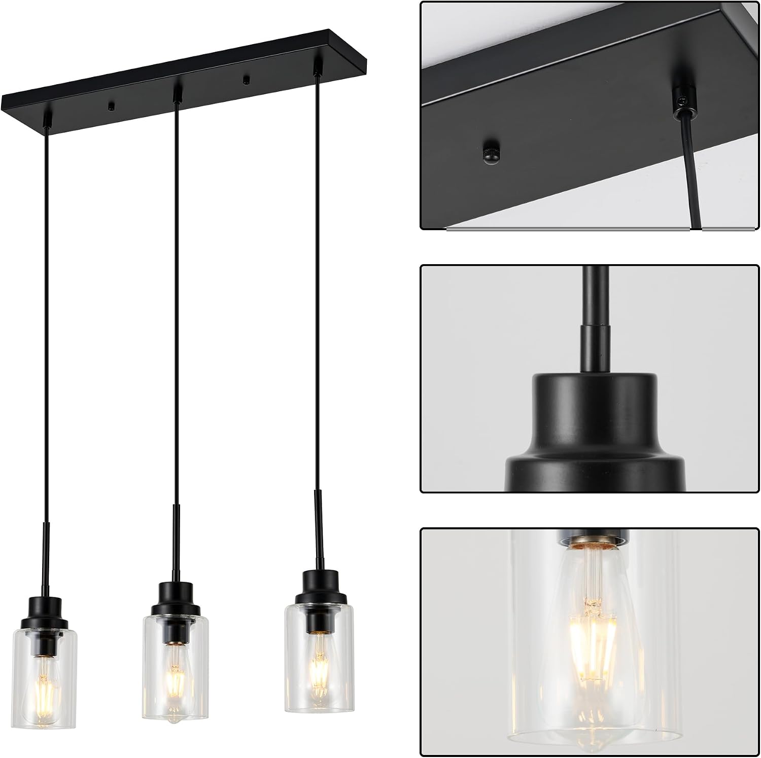3-Lights Pendant Light Fixtures, Modern Black Kitchen Island Lighting with Clear Glass Shade, Adjustable Hanging Ceiling Lamp
