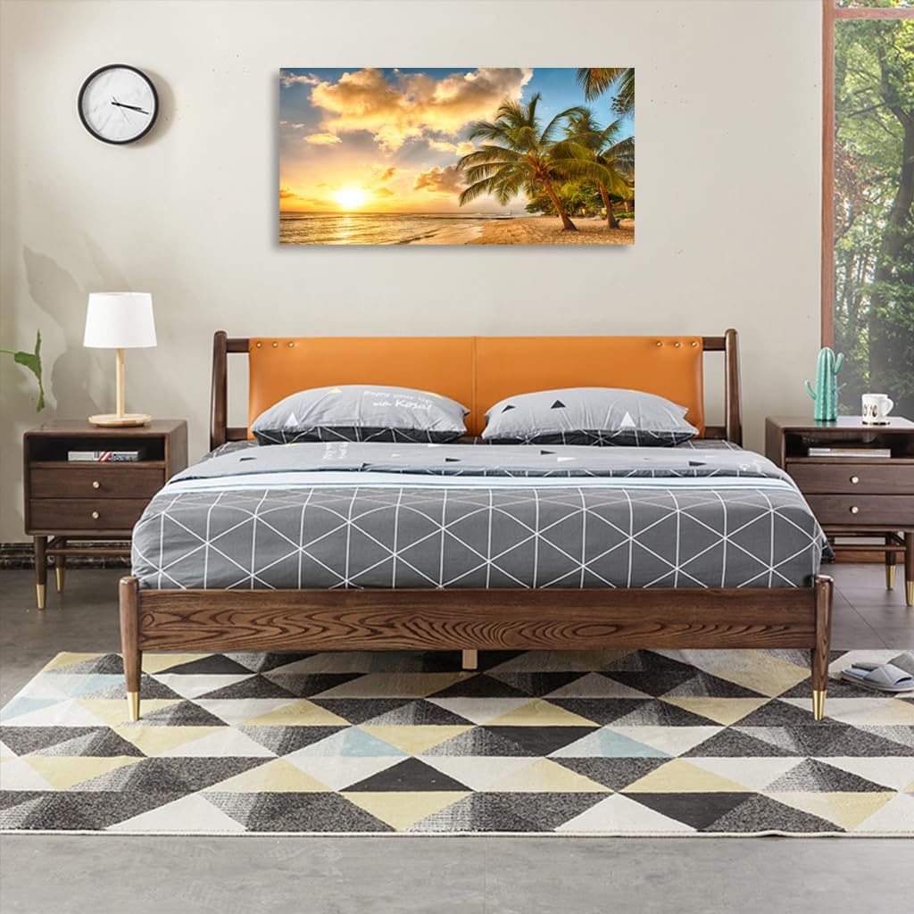 Wall Art Canvas Painting Golden Ocean Beach Palm Tree 1 Piece Sunset See Coconut Trees Landscape Picture Poster Print Framed and Stretched Ready to Hang for Living Room Bedroom Office Artwork