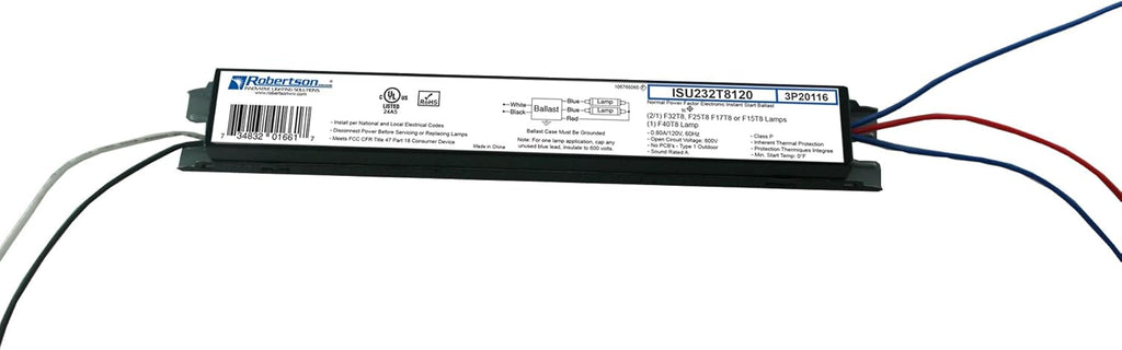 Robertson ISU232T8120 (2P20116) Electronic Fluorescent Ballast, for 1 or 2 T8 Fluorescent Lamps Between 17W-32W (F17T8 - F32T8) or 1 F40T8 Lamp, Instant Start, 120Vac Input, NPF, 60 Hz (Qty 10)