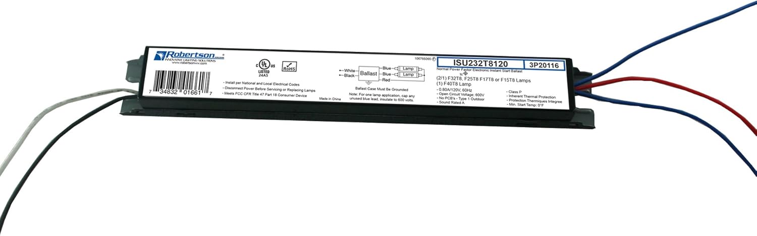 Robertson ISU232T8120 (2P20116) Electronic Fluorescent Ballast, for 1 or 2 T8 Fluorescent Lamps Between 17W-32W (F17T8 - F32T8) or 1 F40T8 Lamp, Instant Start, 120Vac Input, NPF, 60 Hz (Qty 10)