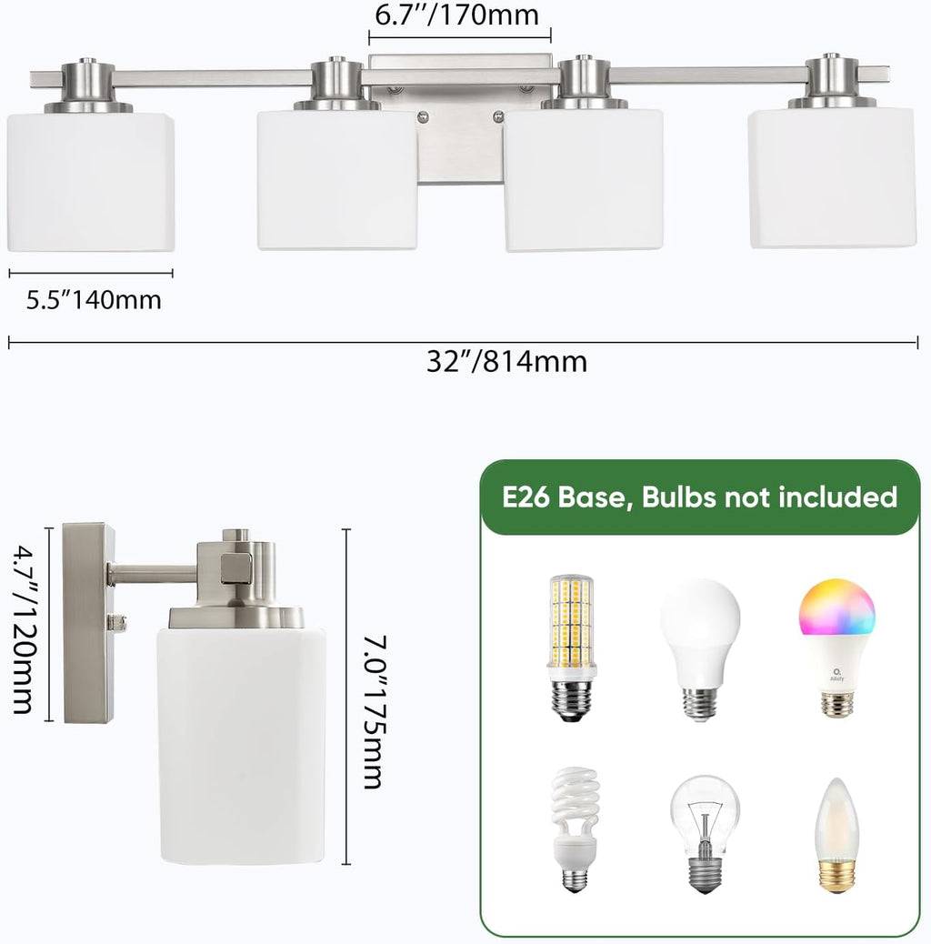 32 Inch Brushed Nickel Vanity Light for Bathroom 4 Light Bathroom Light Fixtures Over Mirror Milk Glass Makeup Shower Lamp Farmhouse Wall Sconce Modern Desk Vintage Rustic Bath Sink Lighting
