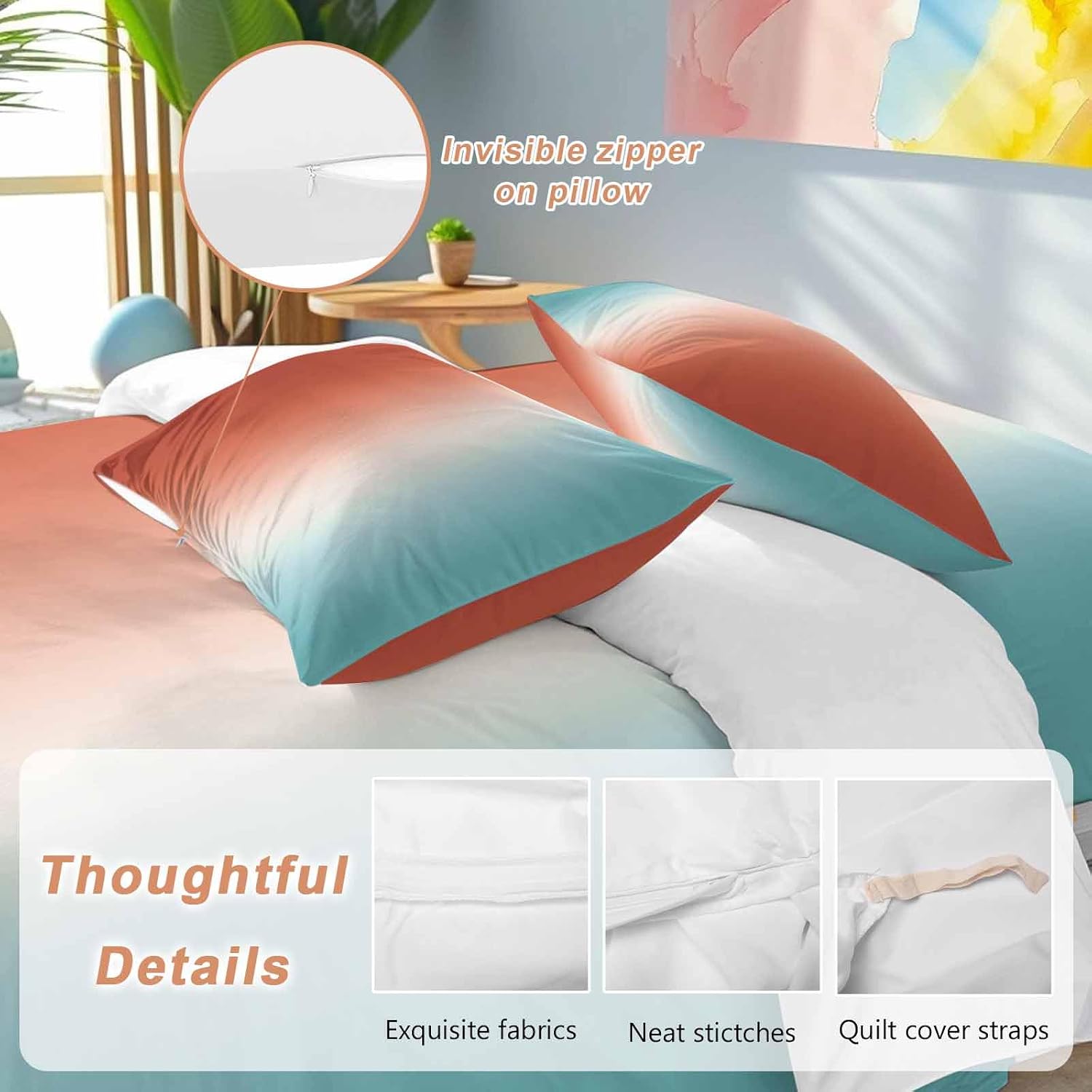 Gradient Orange Blue Duvet Cover Set Queen Size 4 Pieces Modern Abstract Minimalist Orange Ocean Beach Bedding Set with Zipper Closure, 1 Comforter Cover 90x92 Inches 1 Flat Sheet & 2 Pillow Cases