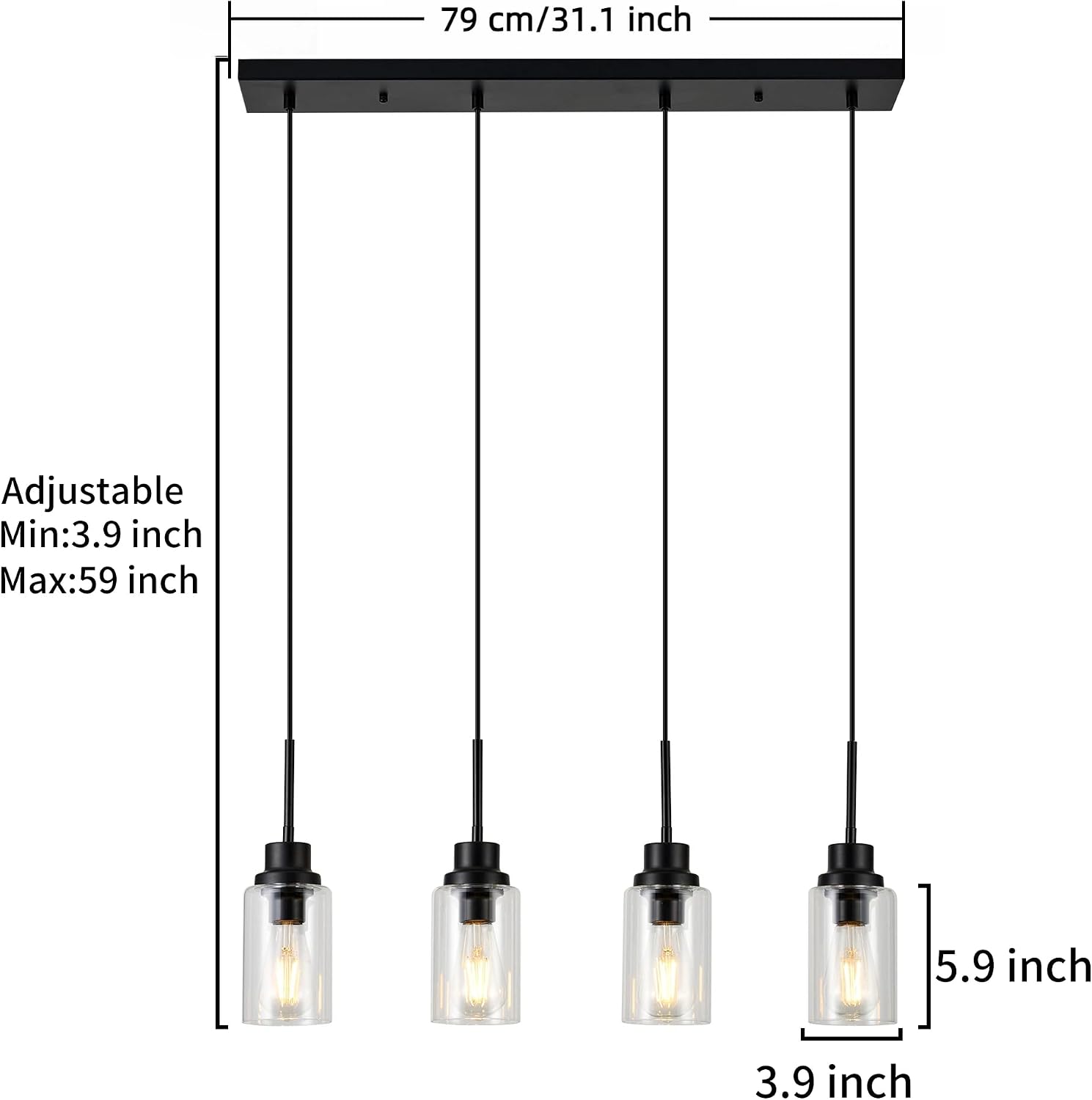4-Lights Pendant Lighting for Kitchen Island in Black, Ceiling Light Fixtures with Adjustable Hanging Wire & Clear Glass Shades