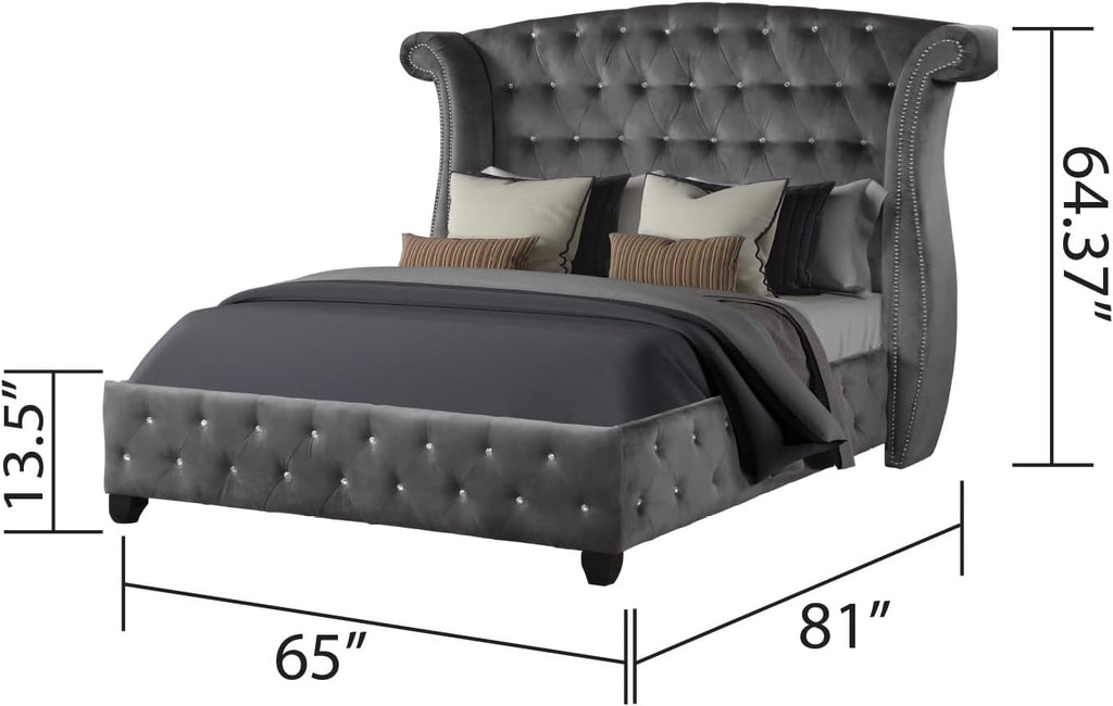 Luxury Bedroom Furniture Set - Modern Elegance with Crystal Tufted Detail, Spacious Storage, Ball Bearing Glides, and Dovetail Drawer Joints (Grey,Queen 4 PCS Set)