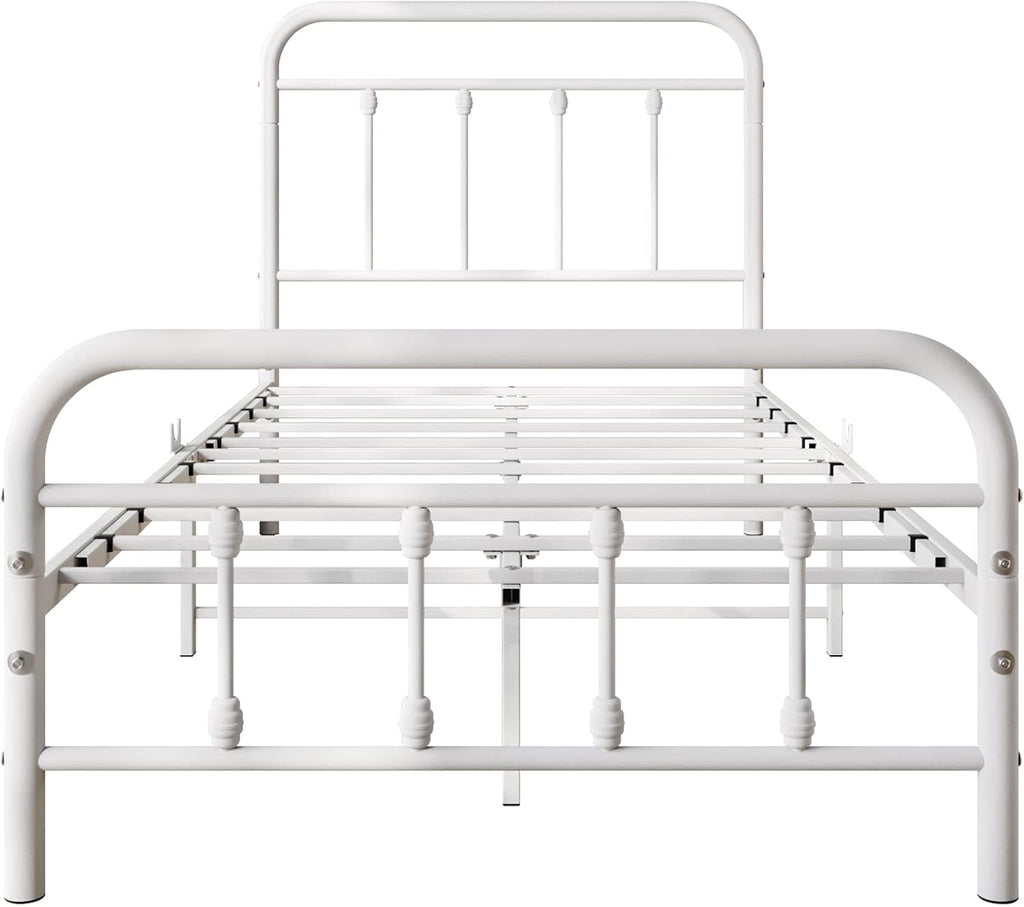 Vintage Twin Size Bed Frame with Headboard and Footboard Mattress Heavy Duty Metal Platform Bed Frame Steel Slat Support (Twin, White)