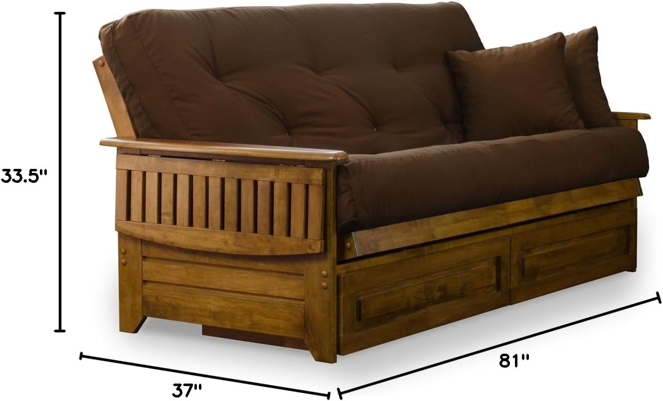 Nirvana Futons Brentwood Tray Arm Futon Frame, Drawers, and Microfiber Fudge Mattress Set - Full, Heritage Finish
