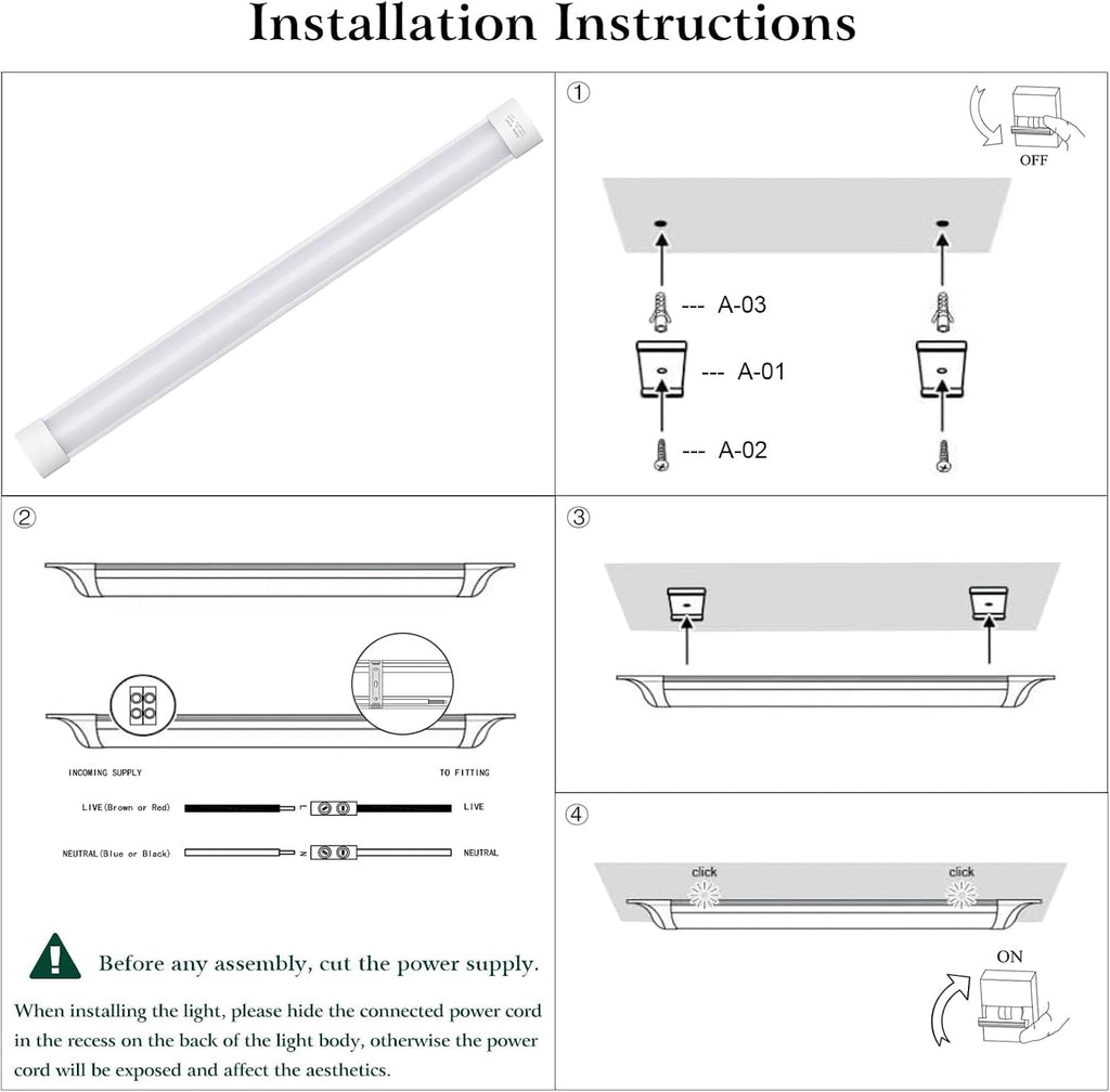 8 Packs 3FT LED Batten Light, Slim Ceiling Surface Mounted Light, 30W, 4000K, IP20, LED Ceiling Lamp for Garage, Shop, Hallway, Office, Market