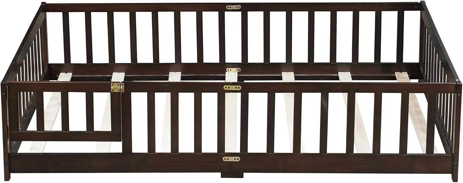 PVWIIK Full Size Floor Bed with Fence and Door,Easy to Assemble Wood Bedstead,Platform Bed w/Safety Guardrails/Near the Ground,Espresso