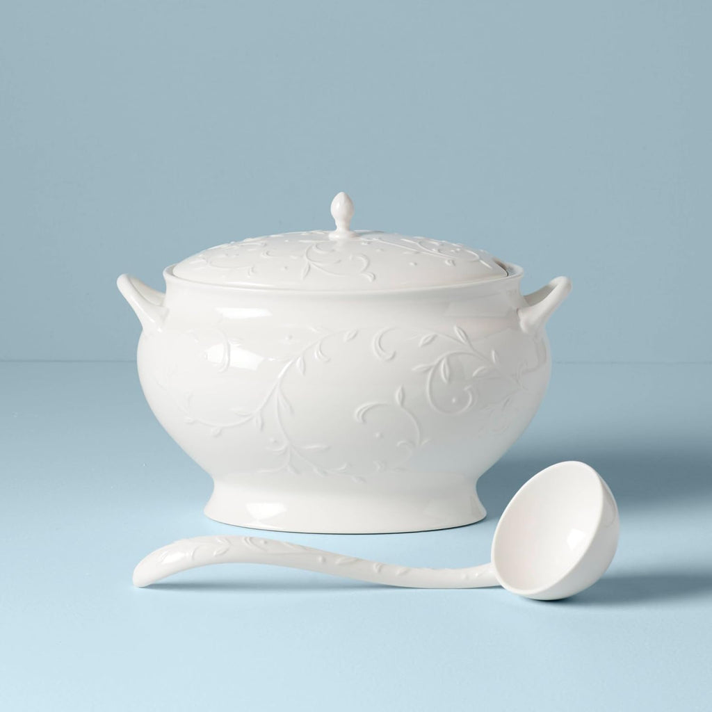 Lenox Opal Innocence Carved Covered Soup Tureen with Ladle, 10-1/4-Inch, White, 152 ounces