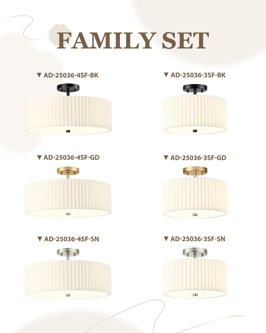 Gold Semi Flush Mount Ceiling Lights, 4-Light 18' Ceiling Light Fixture with White Pleated Fabric Shade, Drum Lamp for Nursery Hallway Bedroom Kitchen, AD-25036-4SF-GD