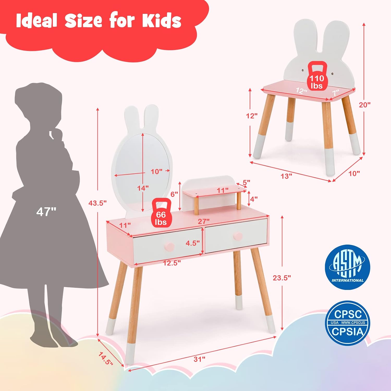 GLACER Kids Vanity & Jewelry Armoire, Princess Dressing Table and Chair Set, Wood Kids Dress Up Storage with Full-Length Mirror, 2 Adjustable Tilt Angles, Kids Bedroom Furniture Set for Girls (White)