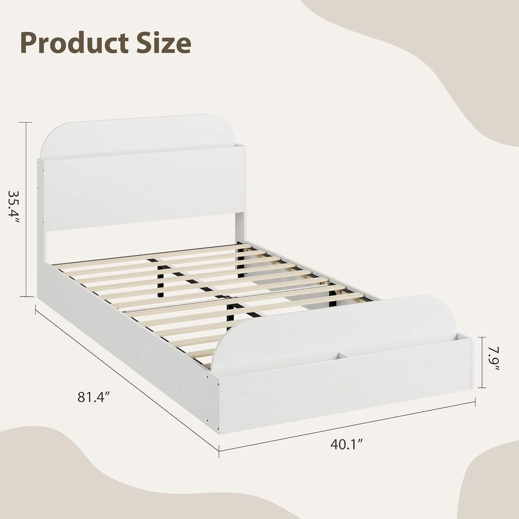 GarveeHome Twin Size Bed Frame, Wooden Beds with Storage Headboard and Raised-Foodboard for Kid, Twin-Floor Low Platform Bed for Bedroom, Sturdy Wooden Slats Support, No Box Spring Needed, White