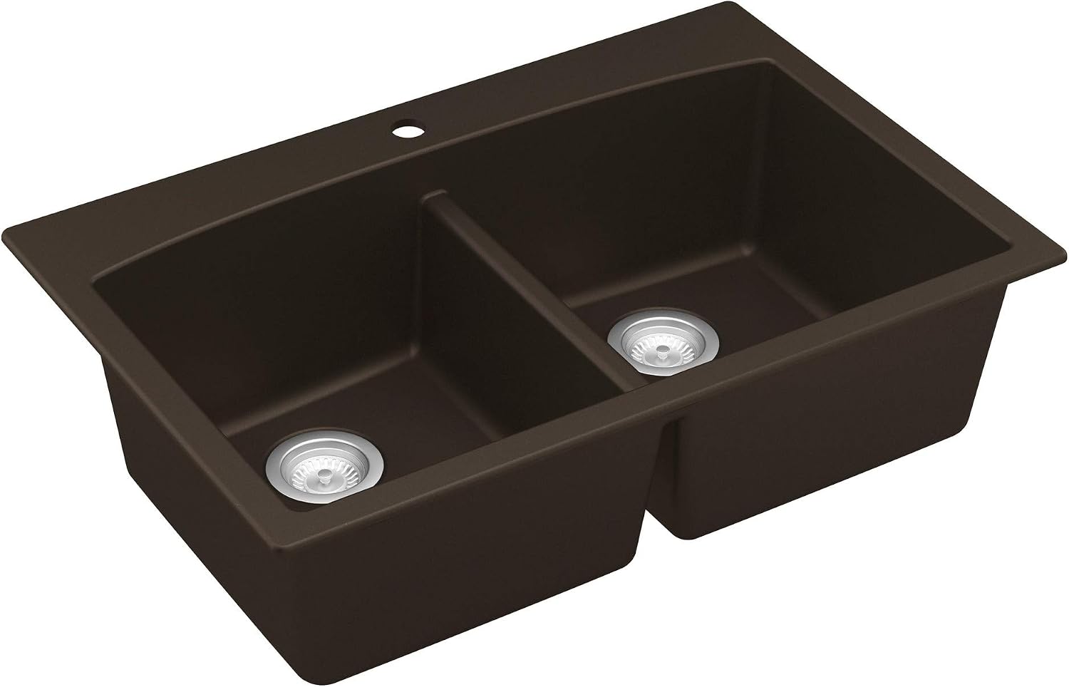 Karran QT-710 33 Inch Top Mount Double Bowl Kitchen Sink, 50/50 Low Divide Quartz Composite Drop-In Sink, Rear Drain, Heat and Scratch Resistant, Brown