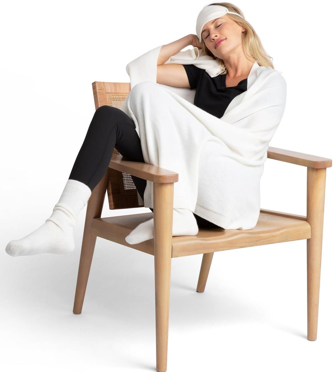 Jet&Bo 100% Pure Cashmere Travel Set: Blanket, Eye Mask, Socks, Carry/Pillow Case Ivory in Gift Box