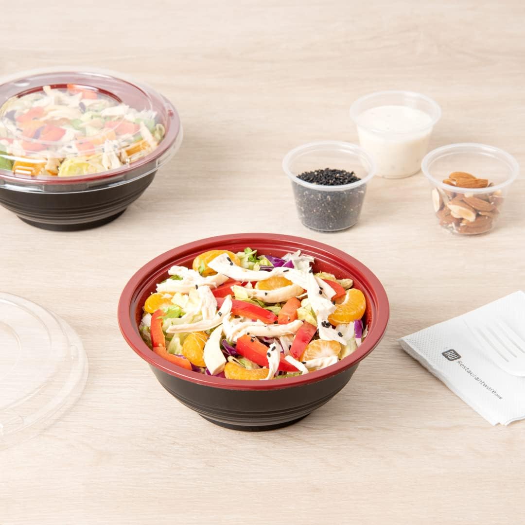 Restaurantware 18 Ounce Food Containers 200 Disposable Salad Bowls - Lids Included Microwavable Black And Red Plastic To Go Bowls Asian Inspired Perfect For Picnics Or Take Outs