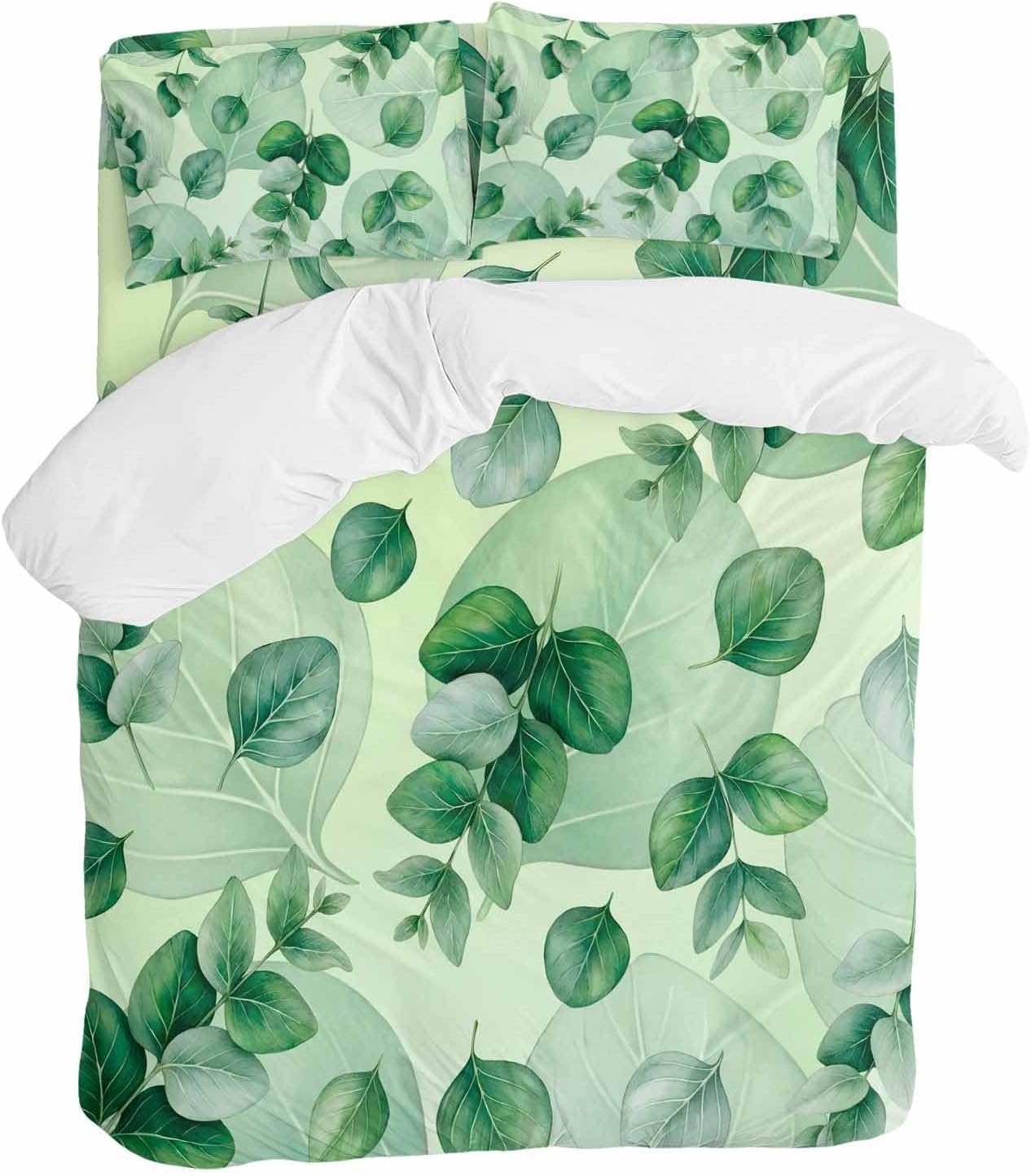Green Leaf Duvet Cover Set Queen Size 4 Pieces Summer Green Eucalyptus Leaves Plants Farmhouse Bedding Set with Zipper Closure, 1 Comforter Cover 92x106 Inches 1 Flat Sheet & 2 Pillow Cases