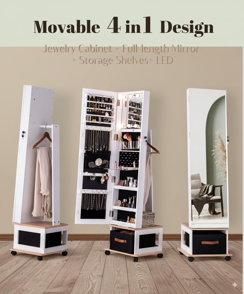 BTEXPERT 360 Swivel Jewelry Cabinet Armoire, Standing with Lights, Lockable Jewelry Organizer, 63' Rotating Full Length Frameless Mirror with Storage, 4 Wheels, White Lock Key