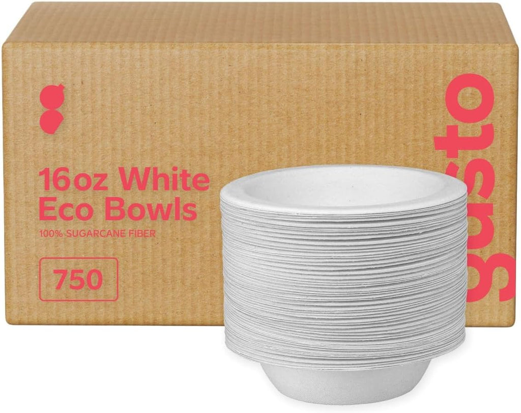 GUSTO 100% Compostable 16 oz. Heavy-Duty Bowls [Case of 750] Eco-Friendly Disposable Sugarcane Paper Bowls