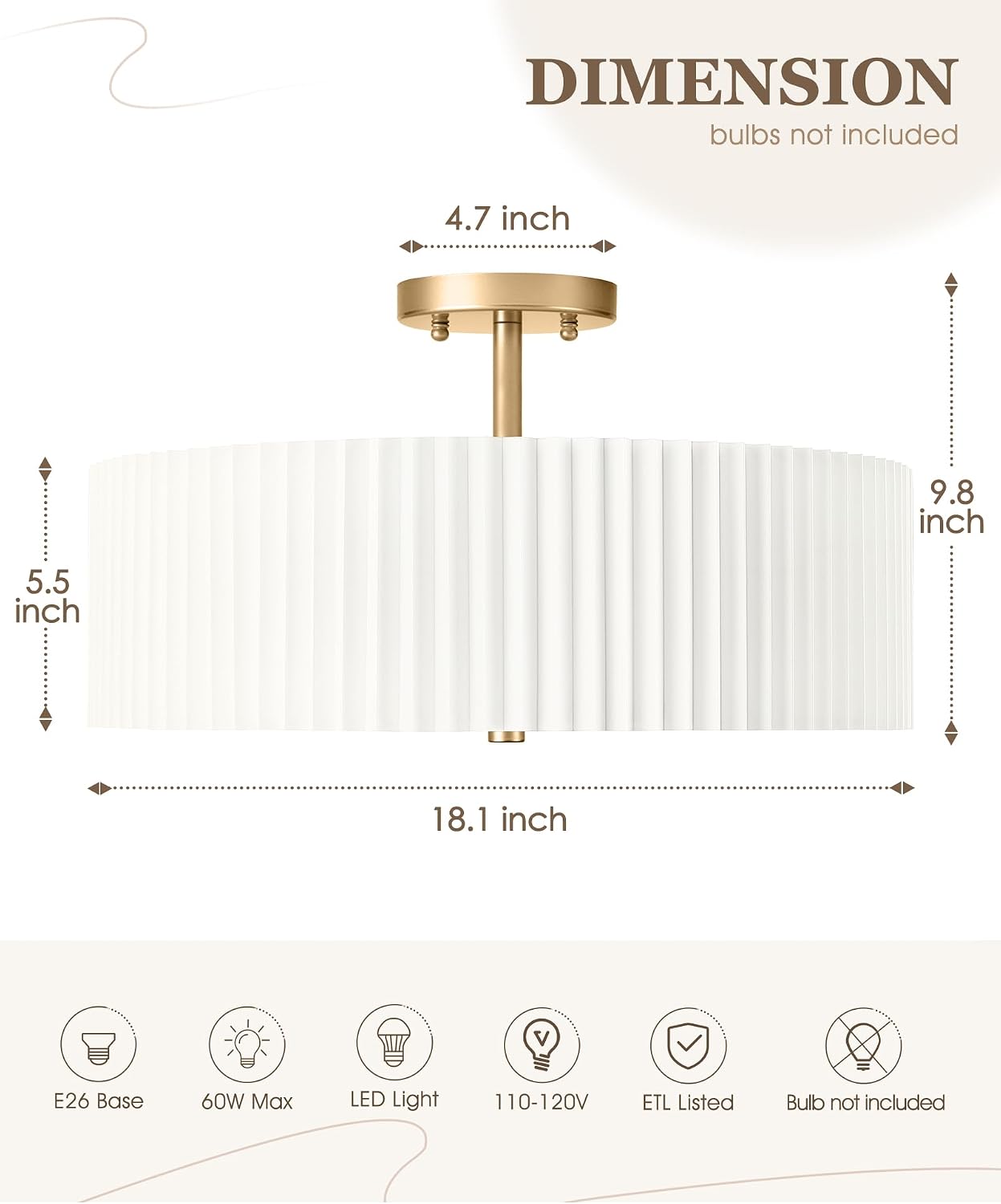 Gold Semi Flush Mount Ceiling Lights, 4-Light 18' Ceiling Light Fixture with White Pleated Fabric Shade, Drum Lamp for Nursery Hallway Bedroom Kitchen, AD-25036-4SF-GD