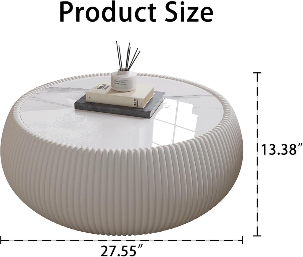27.55' White Round Coffee Table, Drum Coffee Table with Sintered Stone Tabletop and Fluted PU Leather Covered and Stable Base, Circle Cocktail Tea Table for Living Room