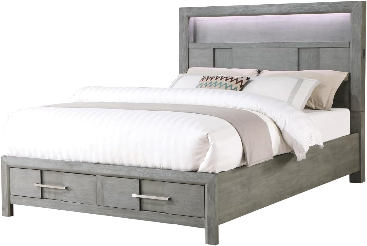 Modern Style Full 4PC Storage Bedroom Set Made with Wood, LED Headboard, Bluetooth Speakers USB Ports Grey