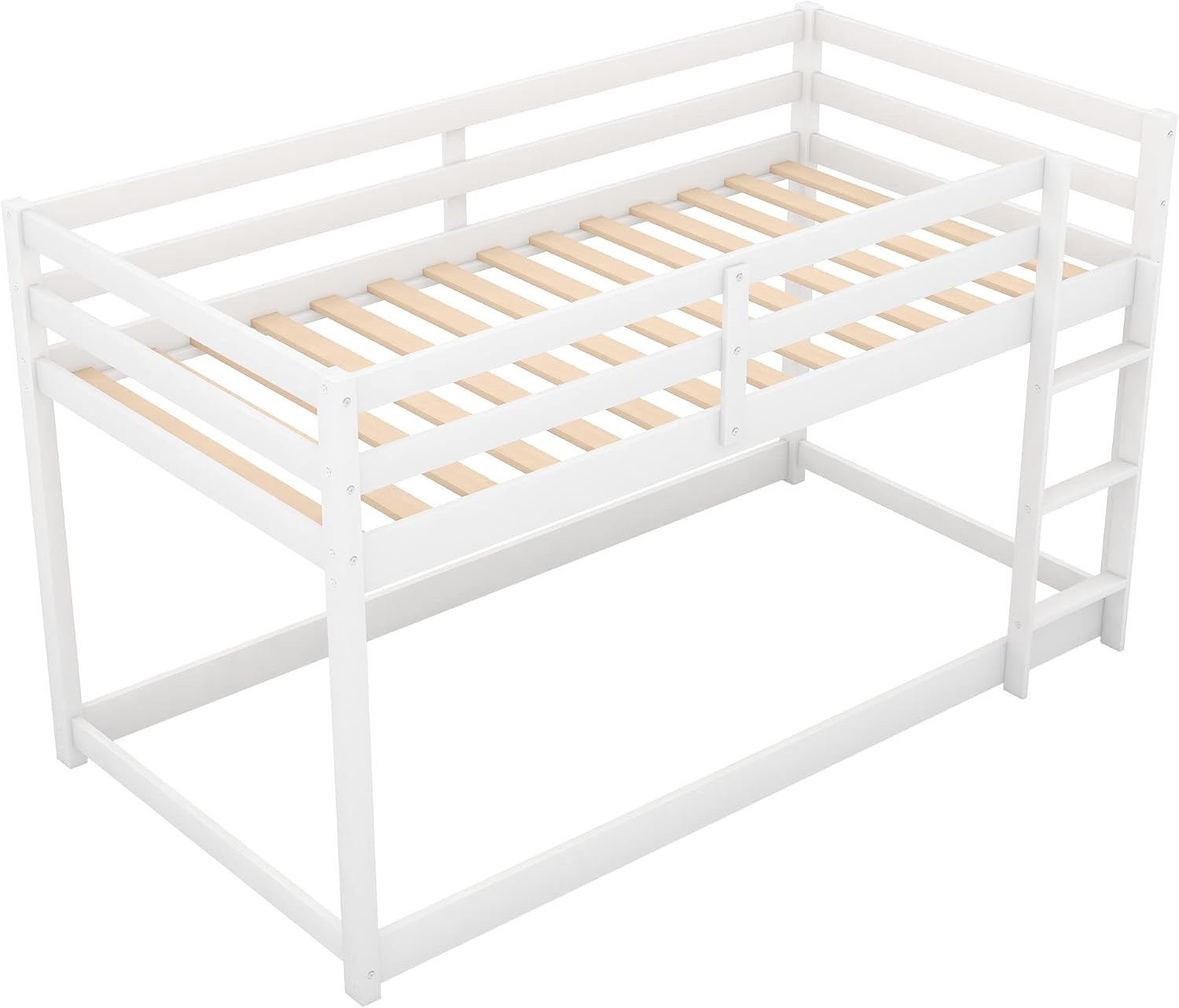 Twin Over Twin Floor Bunk Bed with Ladder,Bed Frame W/Sturdy Slats and Full Length Guardrails,for Bedroom,Apartment,Guest Room,Easy to Assemble,White