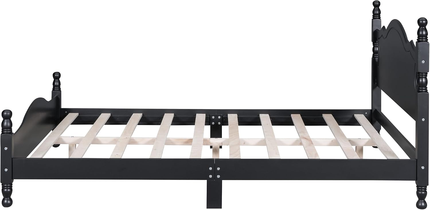 Solid Wood Bed Frame Queen Size, Wooden Retro Style Platform Bed Frame with Headboard and Footboard, Heavy Duty Bed Frame with 10 Wood Slats Support,No Box Spring Needed,Noiseless (Black, Queen)