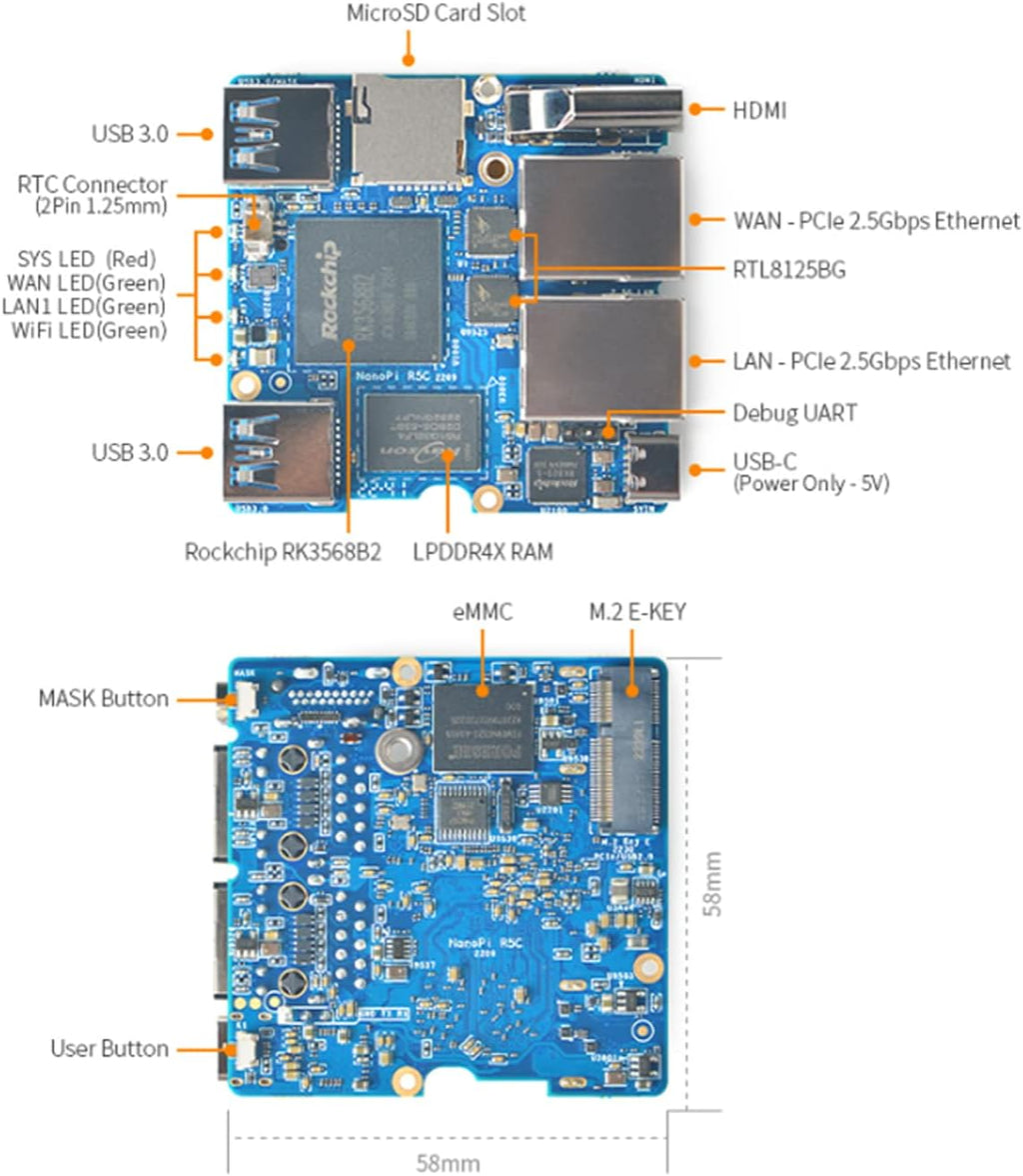 Nanopi R5C Mini WiFi Router OpenWRT with Dual PCIe 2.5Gbps Ethernet M.2 WiFi Bluetooth Ports 4GB LPDDR4X RAM Based in Rockchip RK3568B2 Soc for IOT NAS Smart Home Gateway (with M.2 WiFi Module)