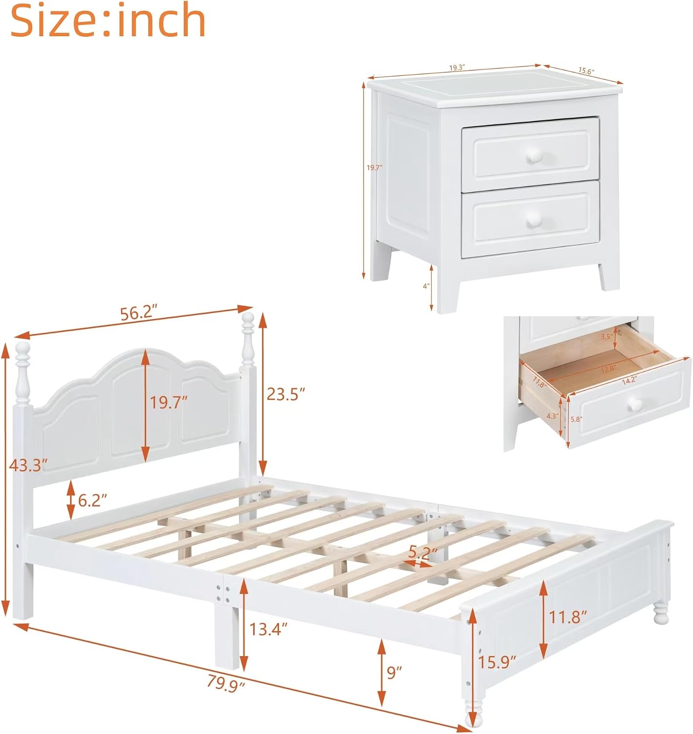 3-Pieces Bedroom Sets, Full Size Retro Wood Platform Bed with Sense of Design Headboard, Wood Platform Bed Frame with 2 Nightstands for Kids Teens Adults Bedroom Furniture (White-03, Full)