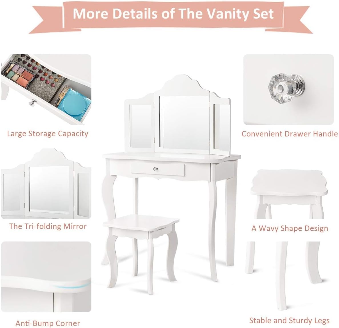 Costzon Kids Vanity & Jewelry Armoire Cabinet, Kids Vanity Table and Chair Set, Makeup Dressing Table, Standing Jewelry Organizer with Full-Length Mirror, Kids Bedroom Furniture Set for Girls (White)