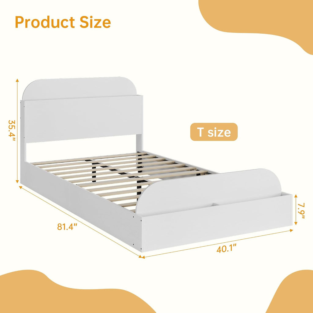 GarveeHome Twin XL Size Bed Frame, Wooden Beds with Storage Headboard and Raised-Foodboard, Twin XL-Floor Low Platform Bed for Bedroom, Sturdy Wooden Slats Support, No Box Spring Needed, White