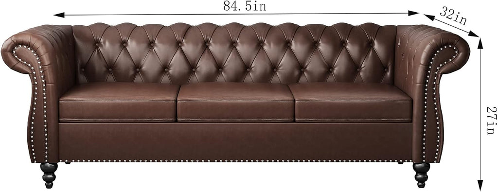 QHITTY Accent Large Sofa, Chesterfield Couch 3 Seater Modern Leather Couch Upholstered Sofa with Tufted Back for Living Room Furniture (Dark Brown)