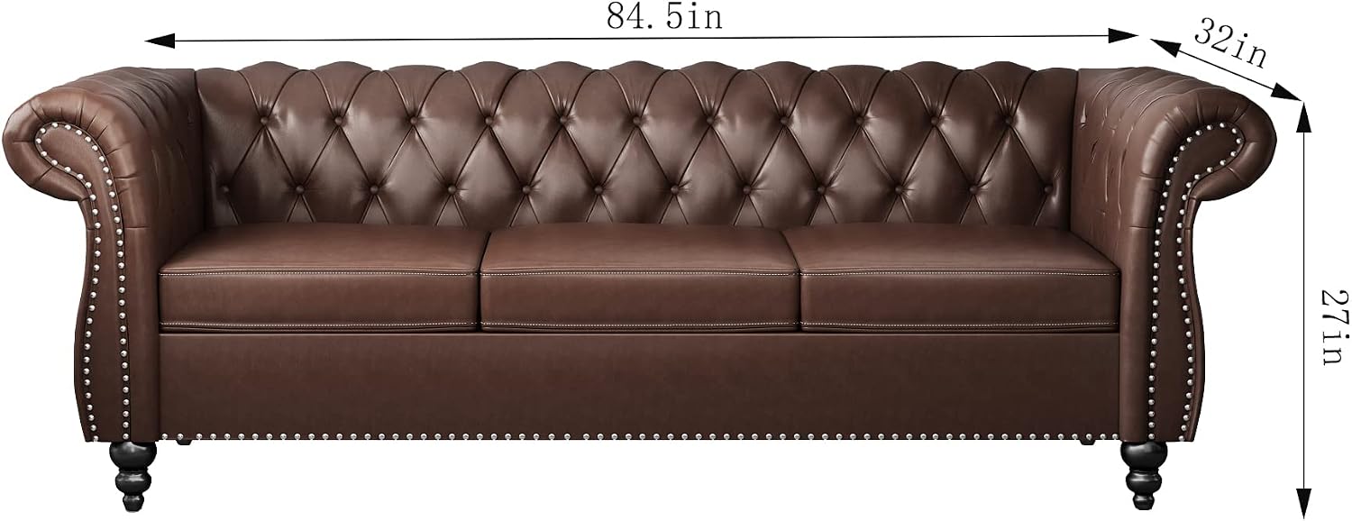 QHITTY Accent Large Sofa, Chesterfield Couch 3 Seater Modern Leather Couch Upholstered Sofa with Tufted Back for Living Room Furniture (Dark Brown)
