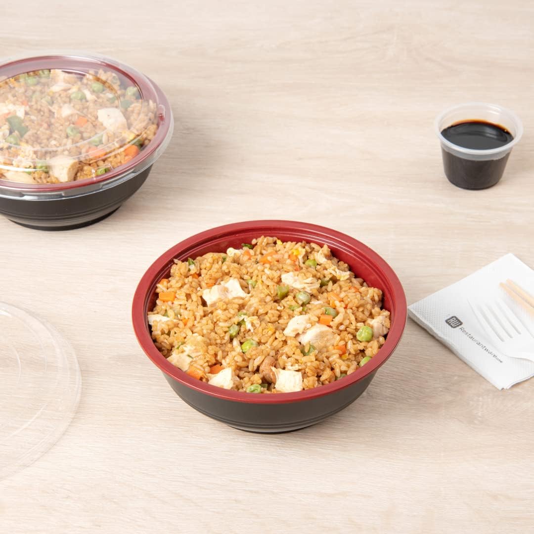 24 Ounce Food Containers, 200 Disposable Salad Bowls - Lids Included, Microwavable, Black And Red Plastic To Go Bowls, Asian Inspired, Perfect For Picnics, Or Take Outs - Restaurantware