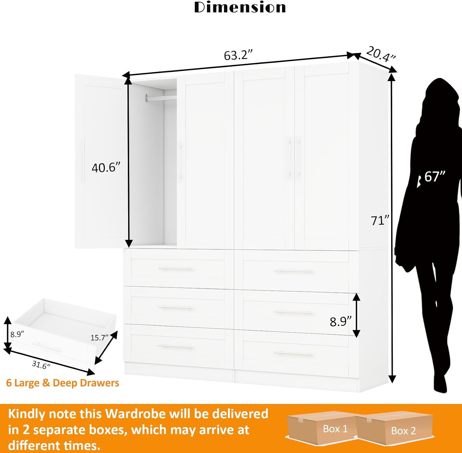 Armoire Wardrobe Closet with 6 Deep Drawers and Doors 71' Clothing Storage Cabinet with Hanging Rod Wooden Wardrobe Cabinet for Bedroom, Large Capacity Storage White, 2 Sets