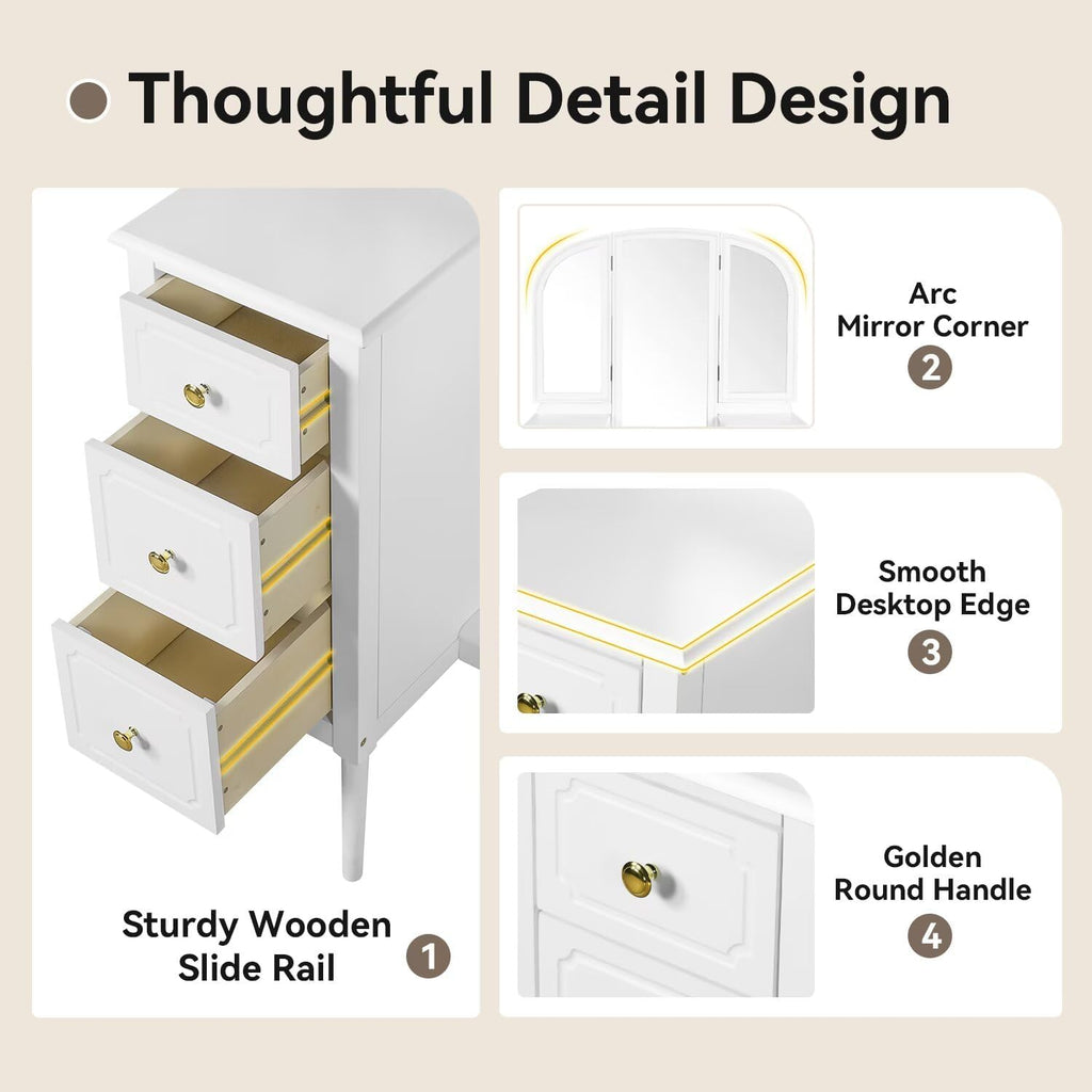 JIJIWANG 68.75H Antique Makeup Vanity Desk with Triple Mirror,6-Drawer Dressing Table Set Including Stool,Full Length Mirror for Bedroom Dressing Room,White