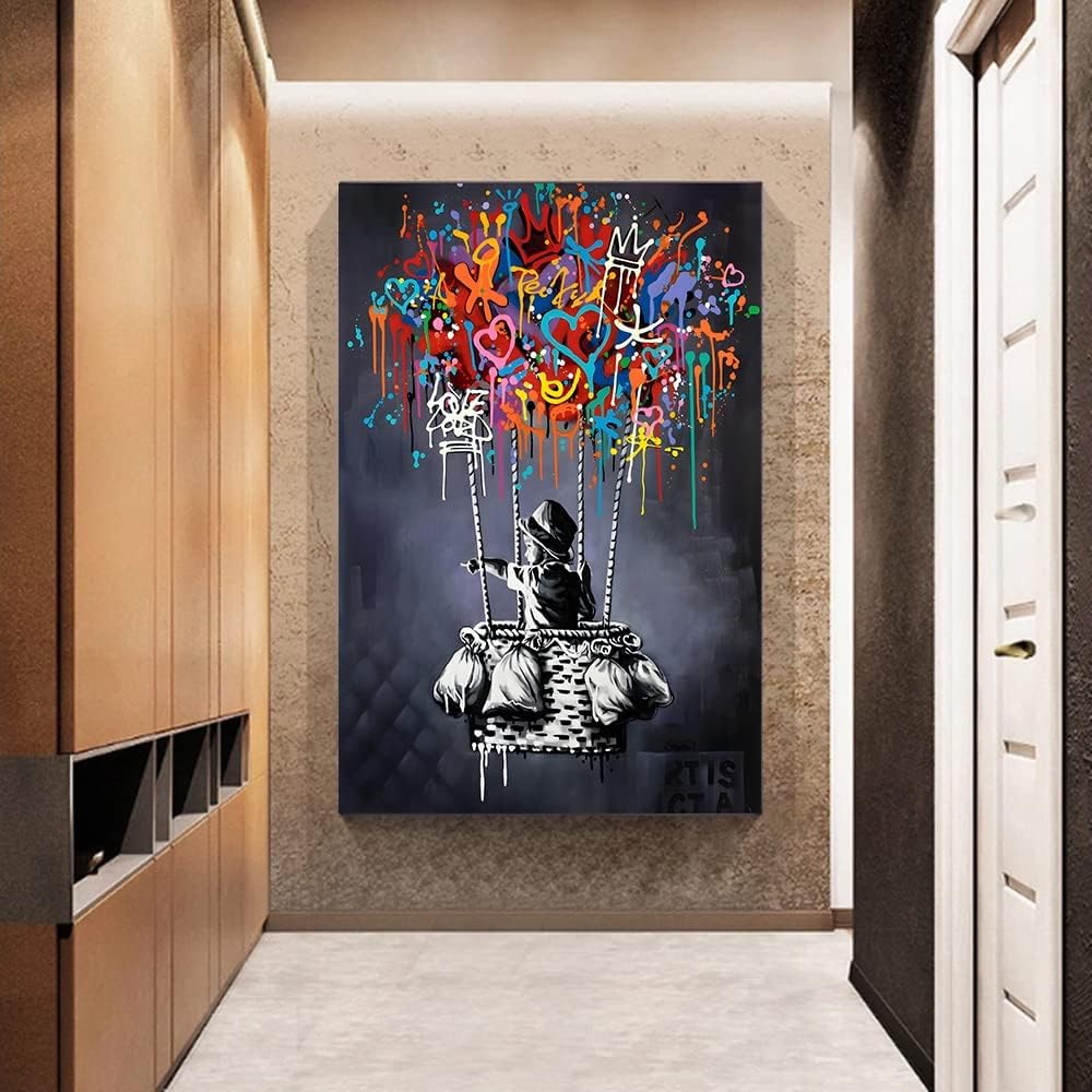 Framed Banksy Street Graffiti Wall Art Decor Large Abstract Pictures Canvas Painting Prints Colorful Modern Contemporary Poster Artwork Stretched for Wall Home Bathroom Bedroom Living Room Ready Hang (Framed Decor Art-01, 24x36inch (60x90cm))