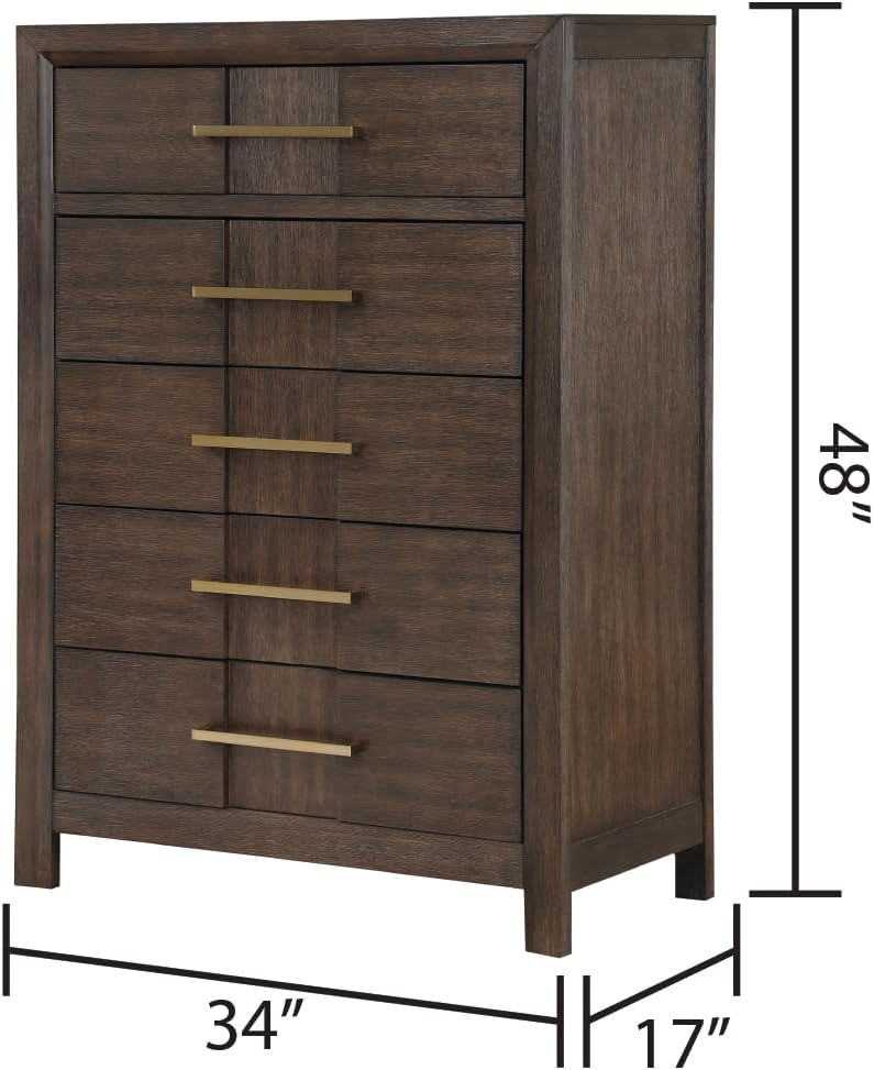 Modern Style Full 5PC Storage Bedroom Set Made with Wood, LED Headboard, Bluetooth Speakers & USB Ports - Walnut