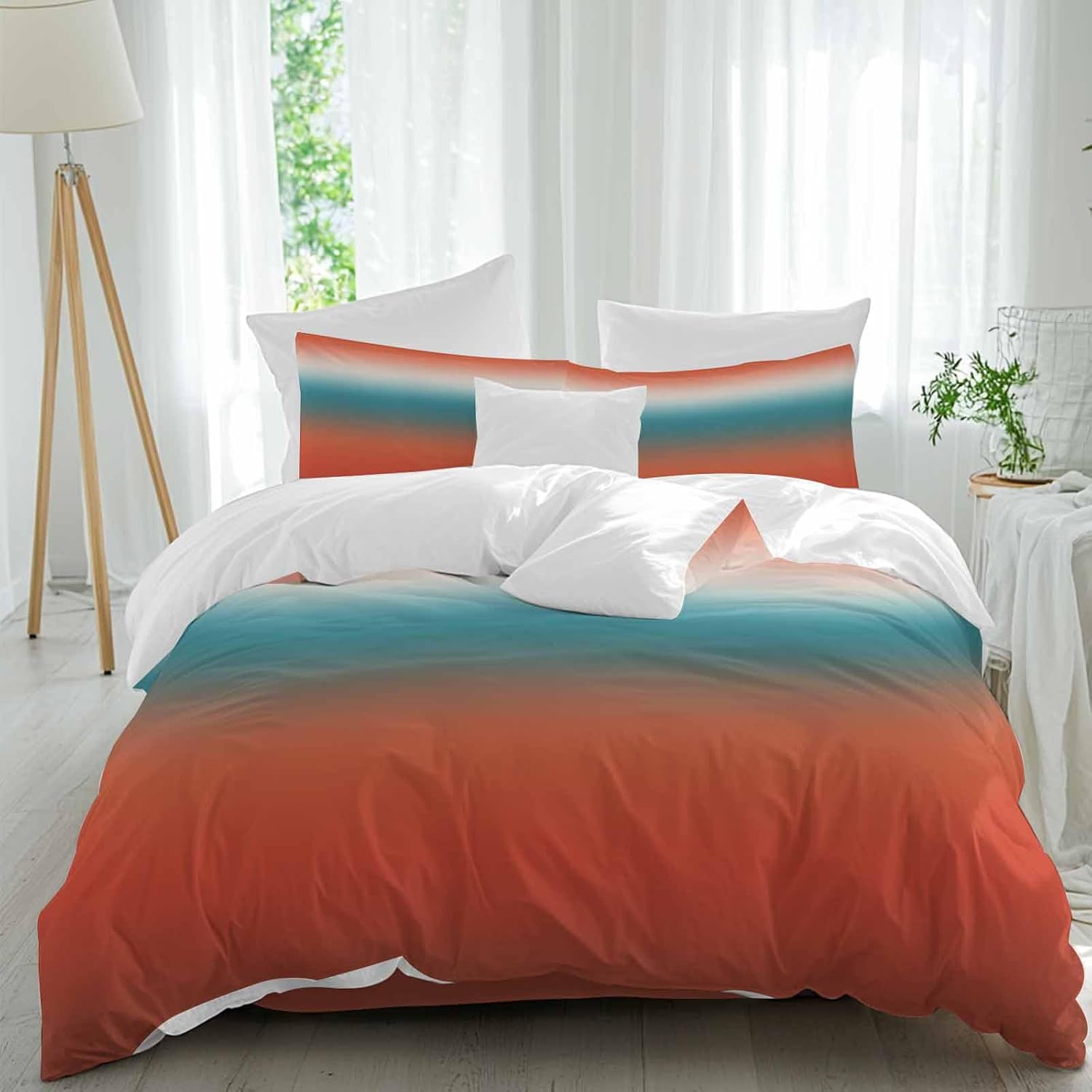 Bohemian Gradient Red Duvet Cover Set Queen Size 4 Pieces Modern Minimalist Red Blue Ocean Beach Bedding Set with Zipper Closure, 1 Comforter Cover 92x106 Inches 1 Flat Sheet & 2 Pillow Cases