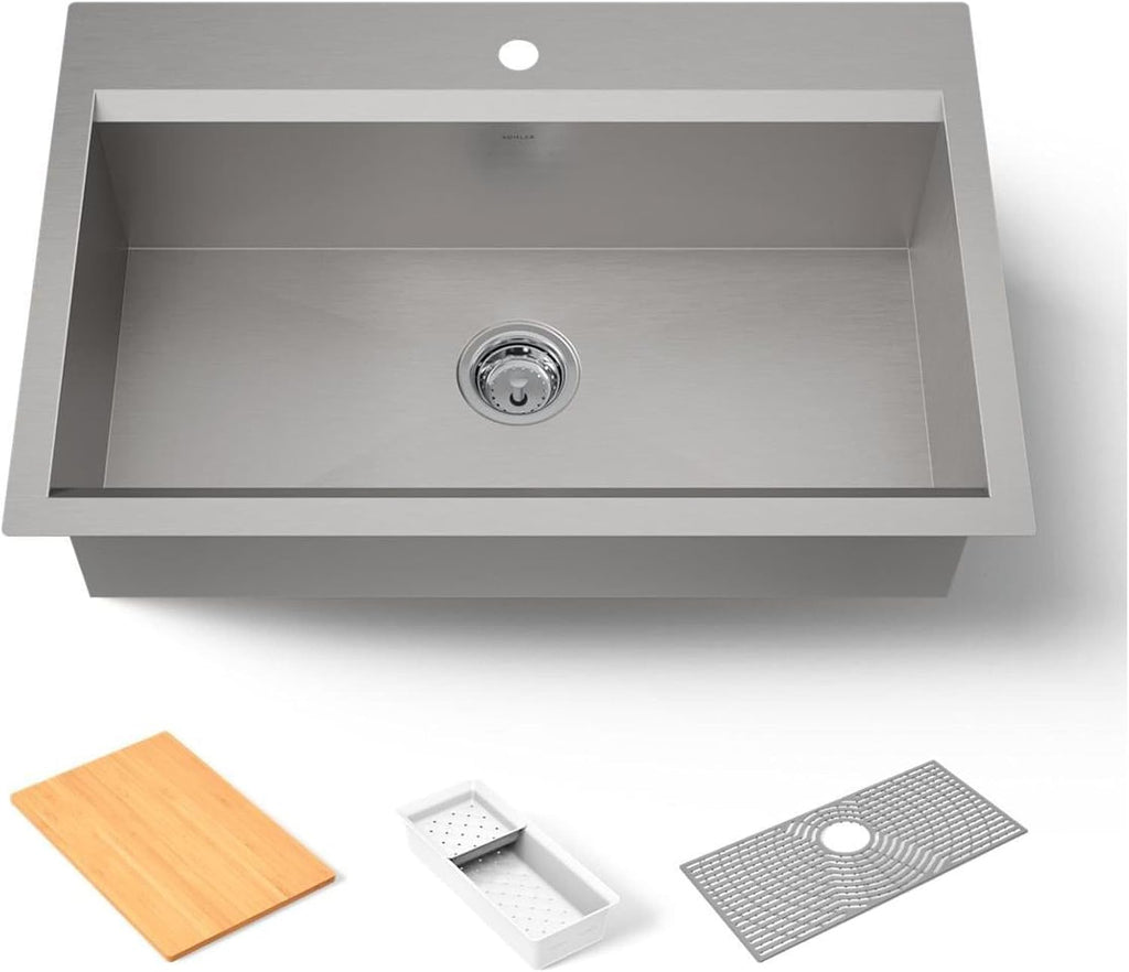 KOHLER 80084-1PC-NA Task™ 33' Top-/Undermount Single-Bowl Workstation Sink, Includes Kitchen Sink Accessories, Stainless Steel, 1 Faucet Hole