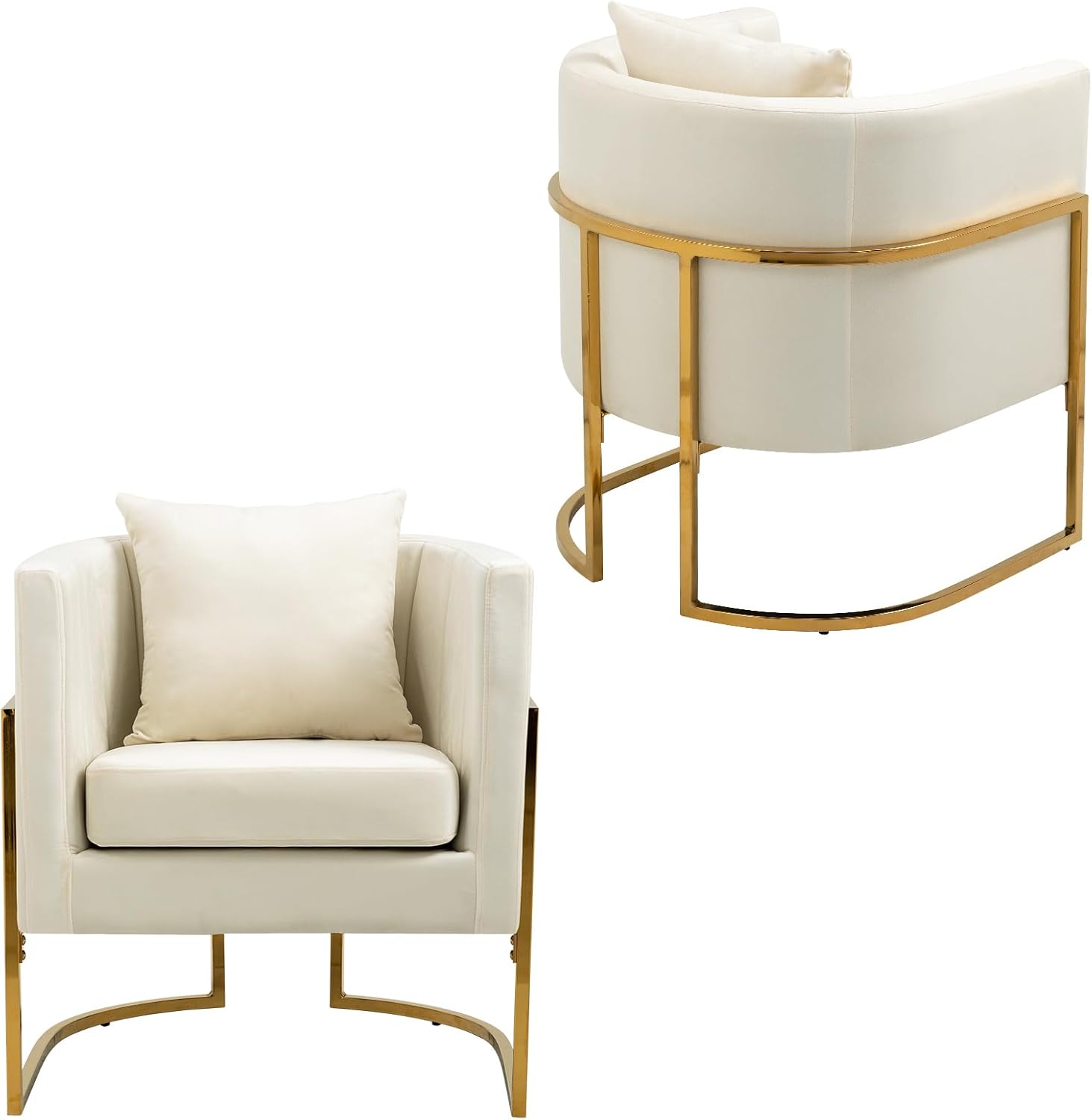 Velvet Accent Chairs Set of 2, Mid Century Modern Upholstered Barrel Armchair with Pillow for Living Room, Comfy Single Club Chair with Metal Gold Legs for Bedroom, White