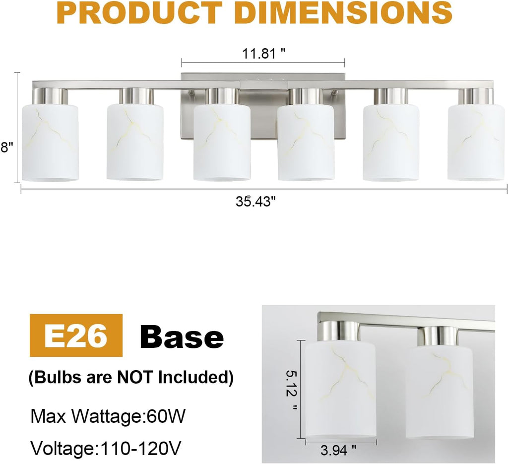 6-Light Bathroom Light Fixtures, Modern Vanity Lights, Brushed Nickel Metal Wall Lamp with White Marble Glass for Bathroom, Mirror, Living Room, Bedroom, Cabinet, Porch, Hallway, E26 Base